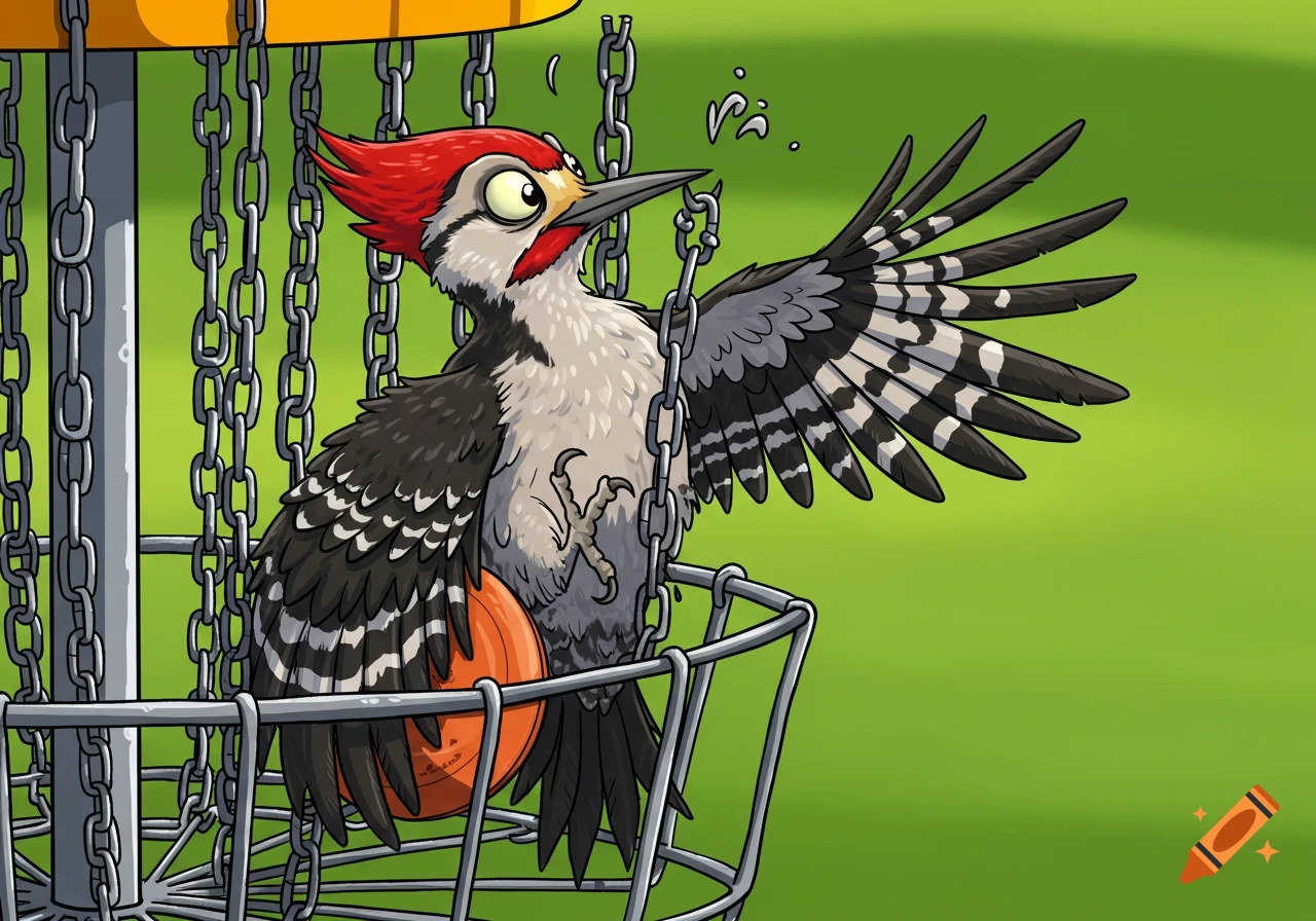Cartoon woodpecker trapped in the chains of a disc golf basket with a disc at its feet.