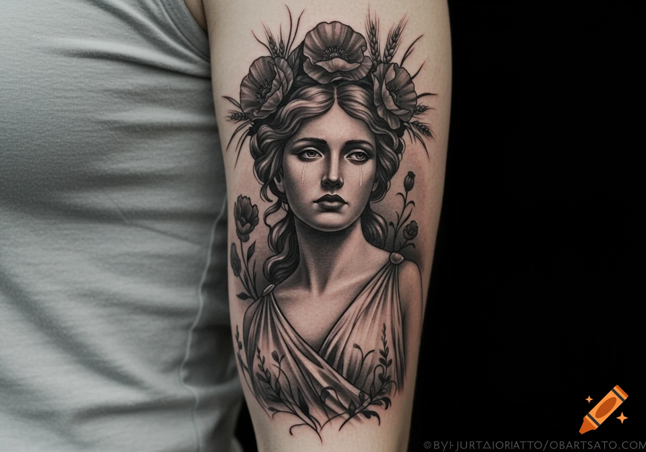 Black and grey tattoo of Persephone, a Greek goddess, on an arm, adorned with poppies and wheat.