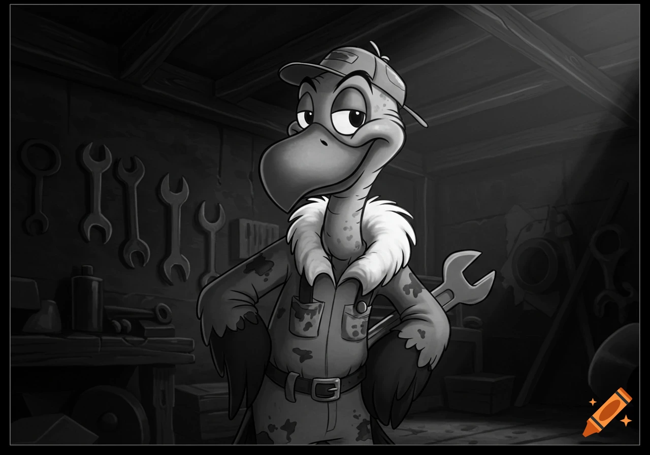 A black and white cartoon of a vulture mechanic holding a wrench in a workshop.