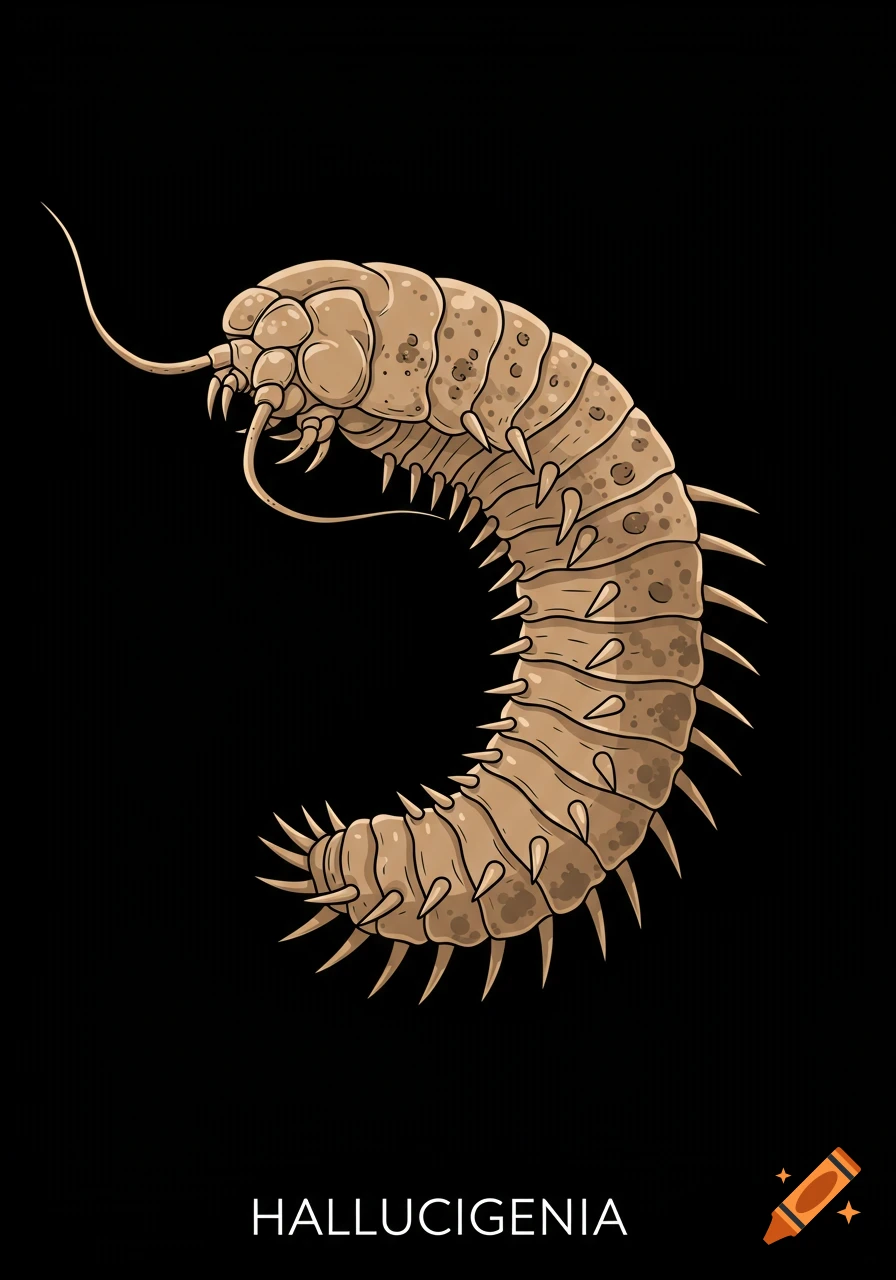 An illustration of a Hallucigenia, a prehistoric worm-like creature with spines and tentacles, against a black background.