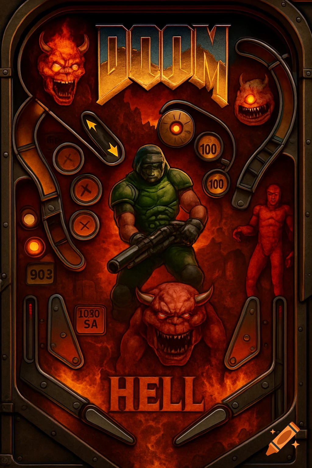 DOOM-themed pinball machine with demons, Doom Guy, and fiery background.