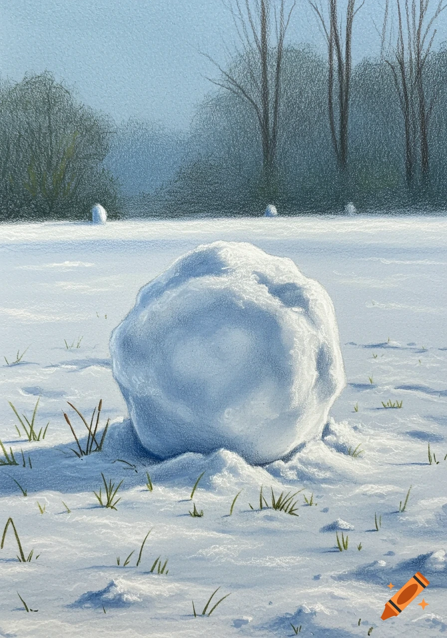 A large snowball sits in a snowy field with grass poking through, rendered in colored pencils.