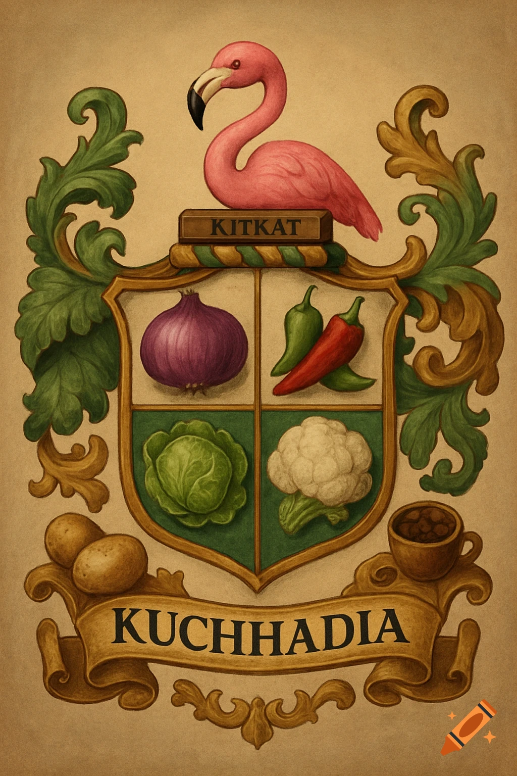 Illustration of a family crest with flamingo, vegetables, KitKat, coffee, and 'KUCHHADIA' text.