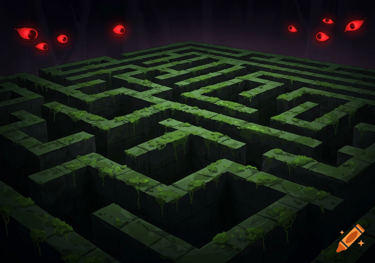 Illustration of a dark, mossy stone maze with multiple glowing red eyes peering from above.
