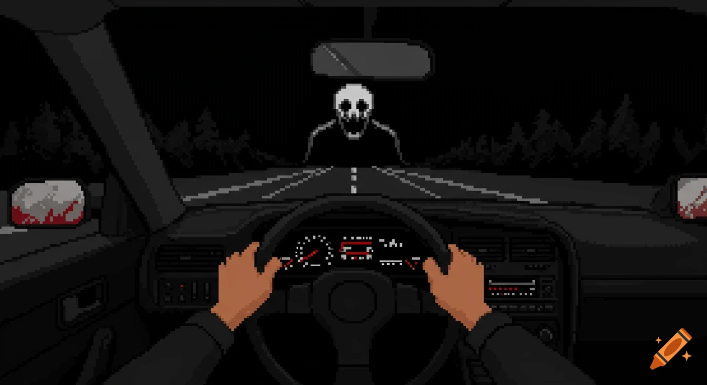 Pixel art first-person view driving a car at night with a skeletal monster on the road