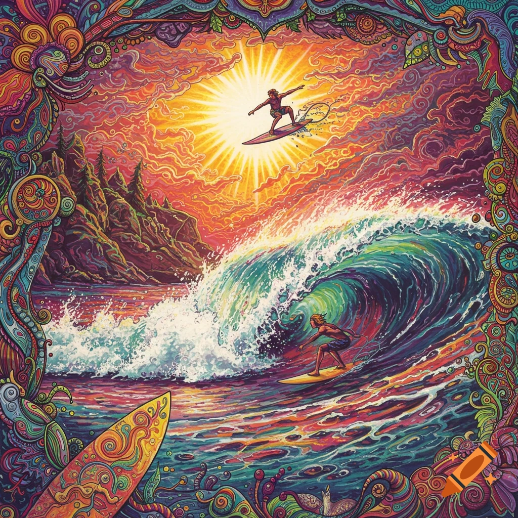 Psychedelic illustration of surfers riding waves with a colorful, ornate border and bright sun.
