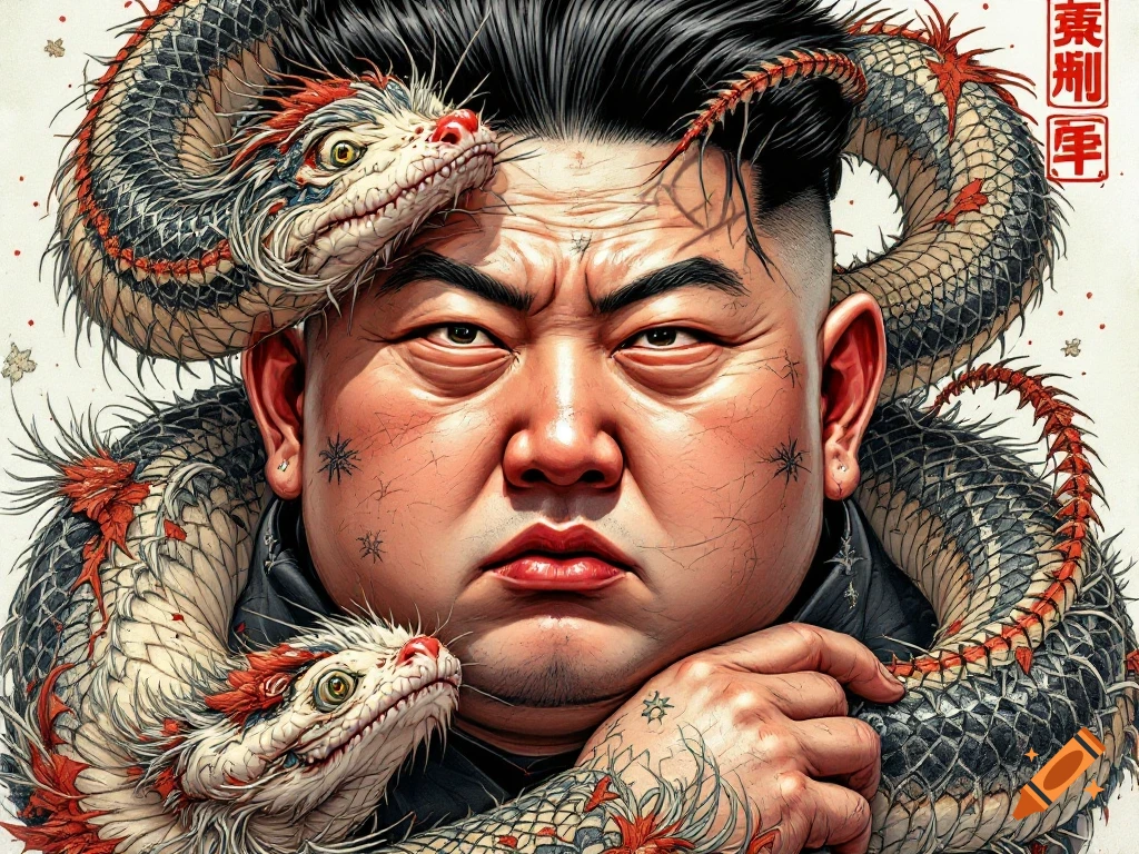 Stylized portrait of Kim Jong Un with snakes wrapped around him