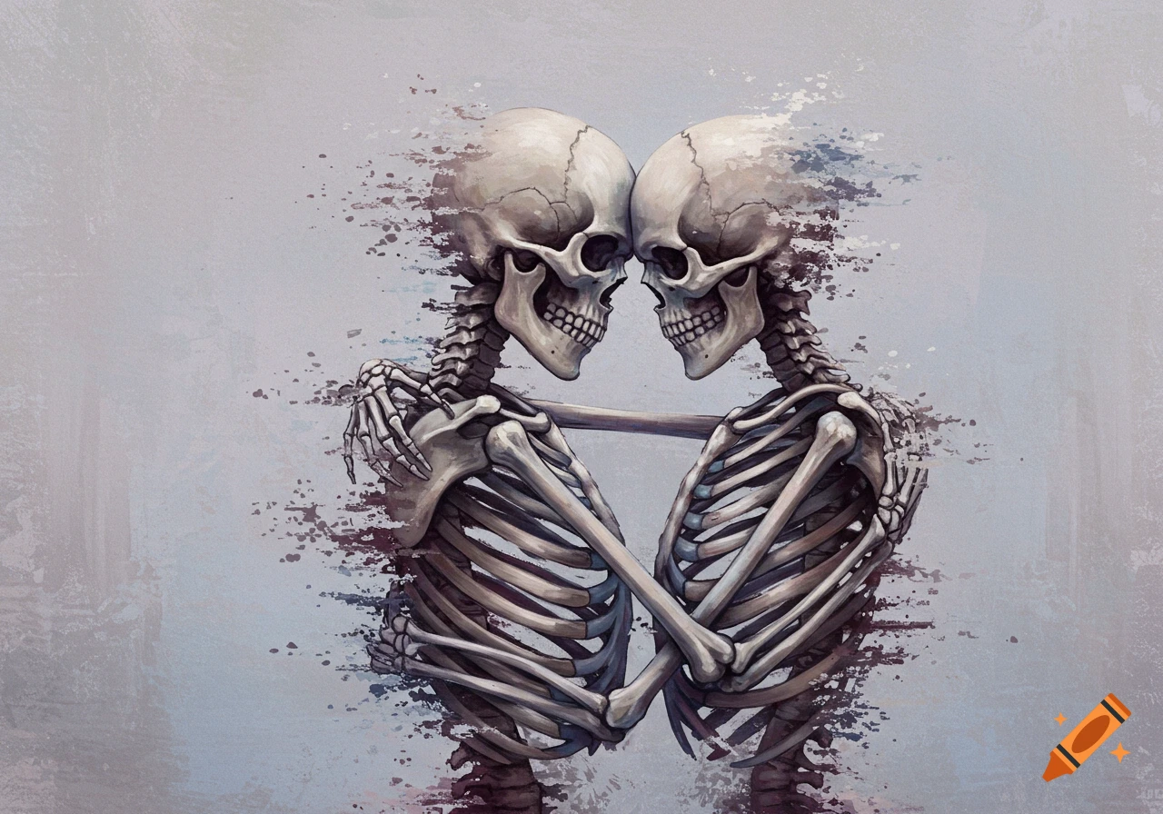 Two skeletons hugging, dissolving into paint splatters against a grey background, illustrative style.
