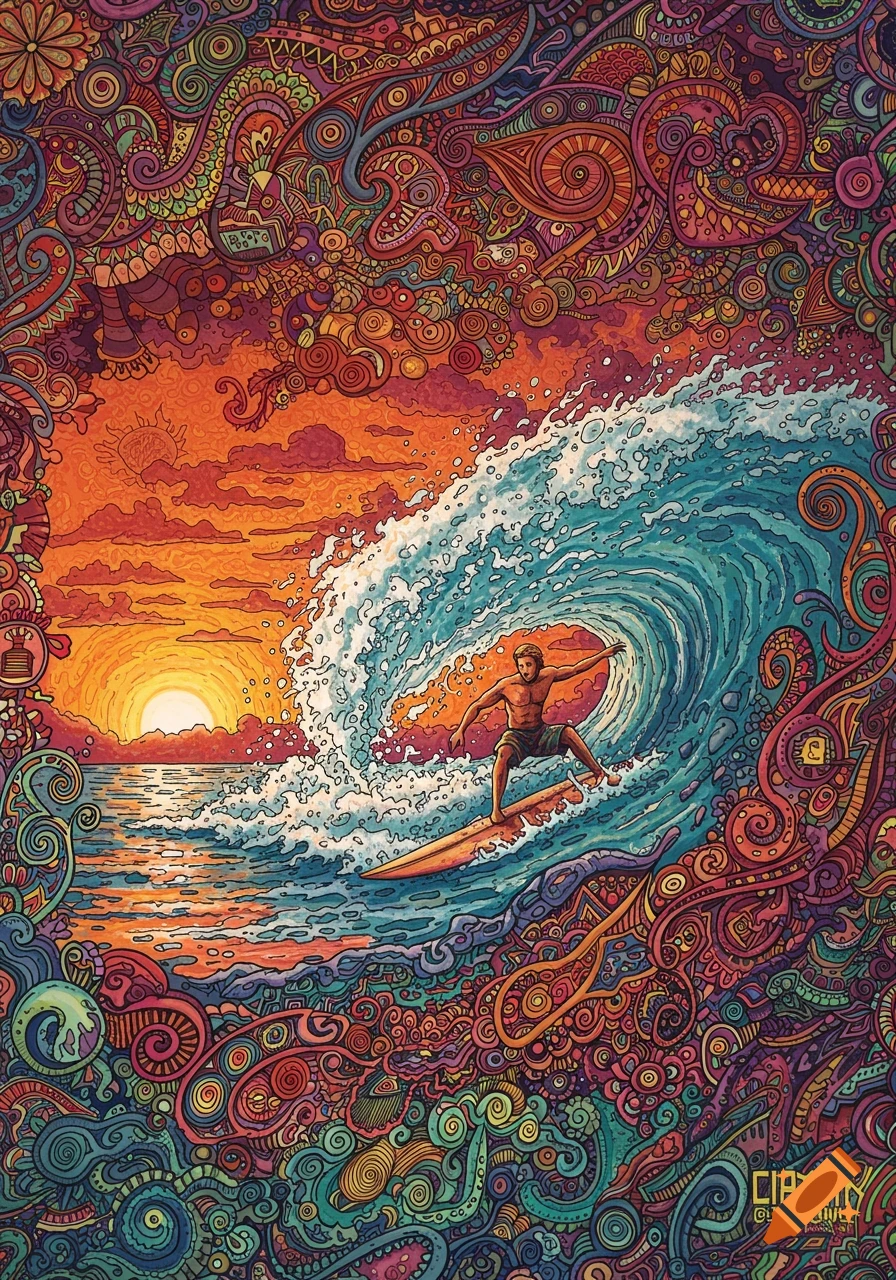 Psychedelic illustration of surfer on wave at sunset