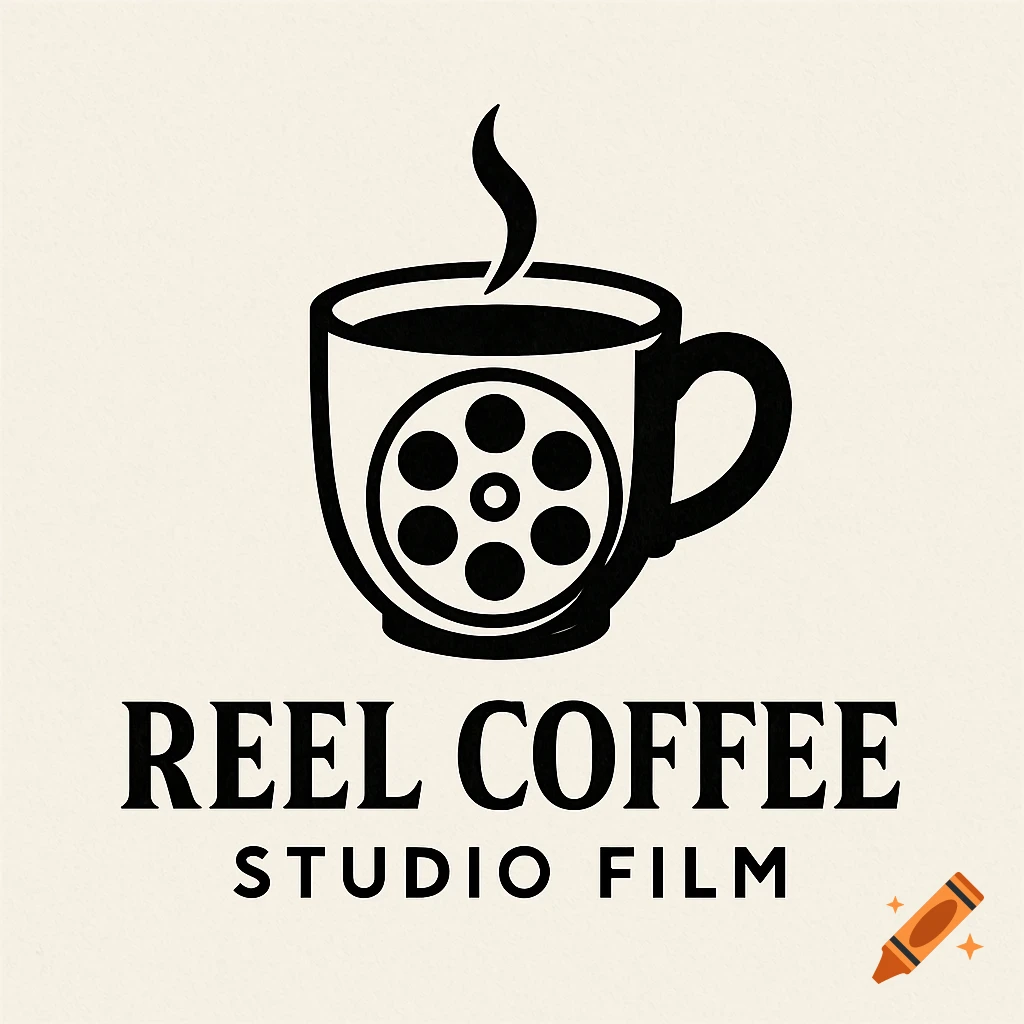 Black and white logo of a coffee cup with a film reel design, with text 'REEL COFFEE' and 'STUDIO FILM'.
