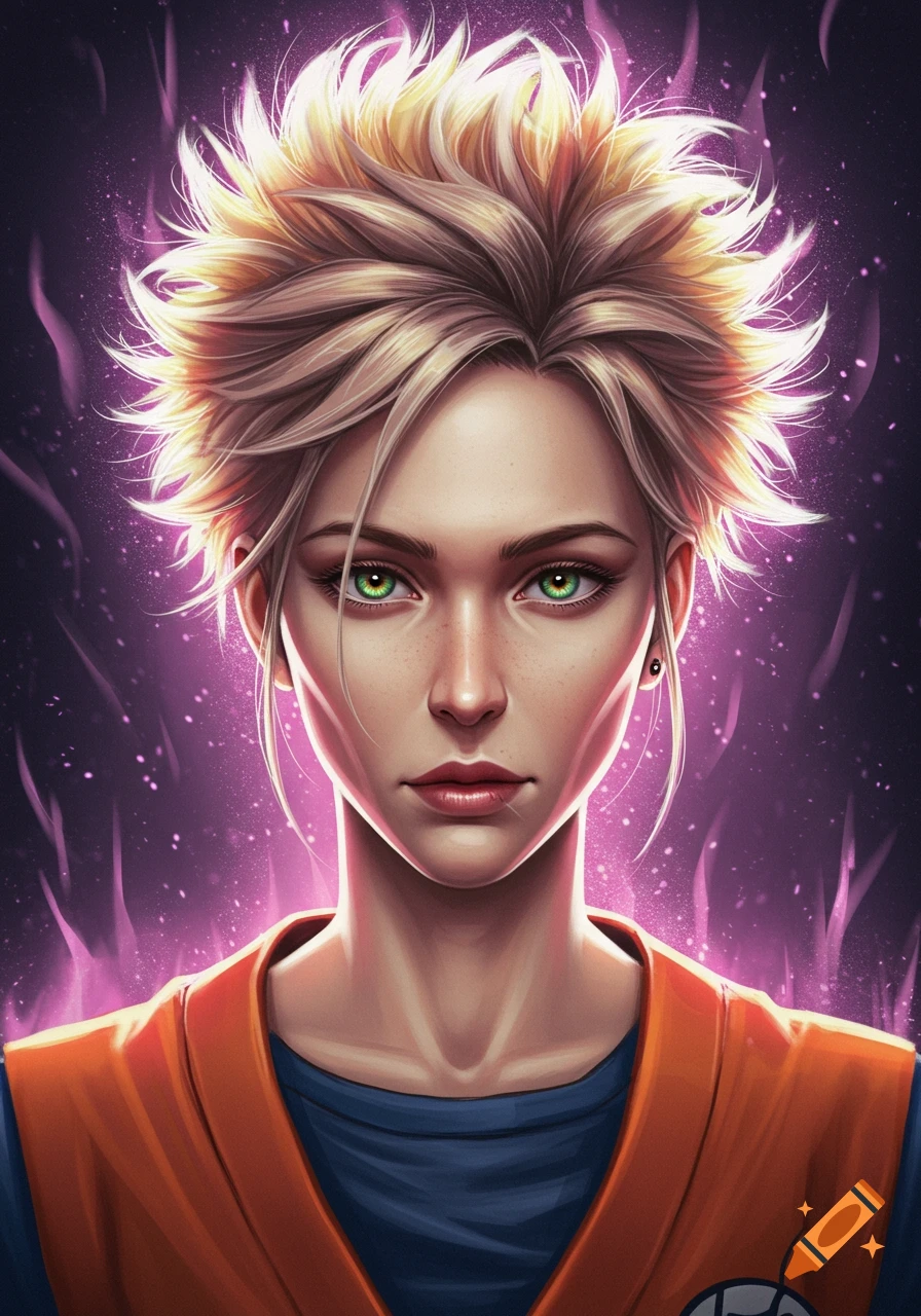 Portrait of a person with spiky blonde hair glowing with purple energy, wearing an orange gi.