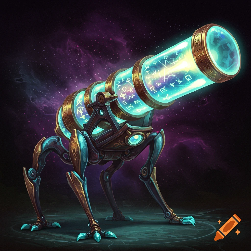 A mechanical arcane cannon with legs stands against a dark, starry sky. The cannon tube glows with blue light and strange symbols.