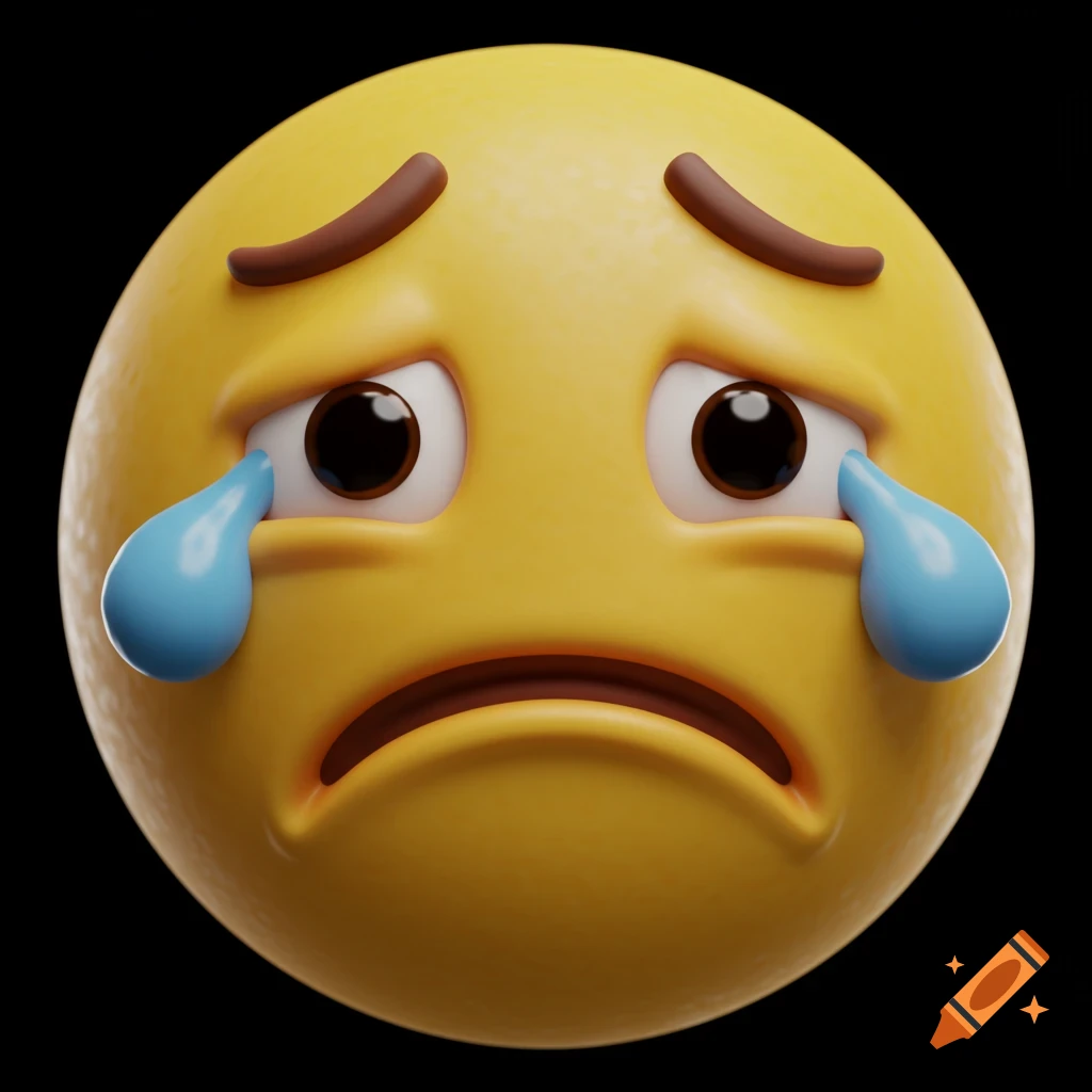 A 3D render of a sad yellow emoji face crying with large tears.