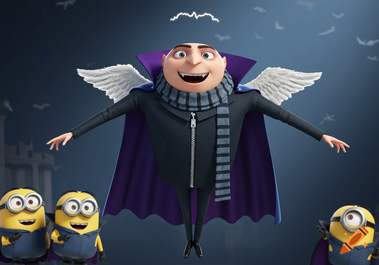 Gru as a flying vampire with angel wings, surrounded by vampire minions and bats.
