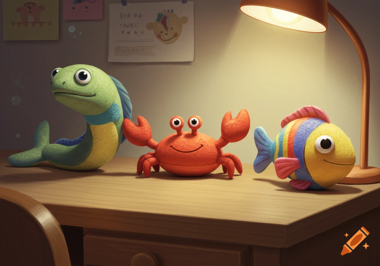 Stuffed animal eel, crab, and fish lined up on a desk under a lamp.