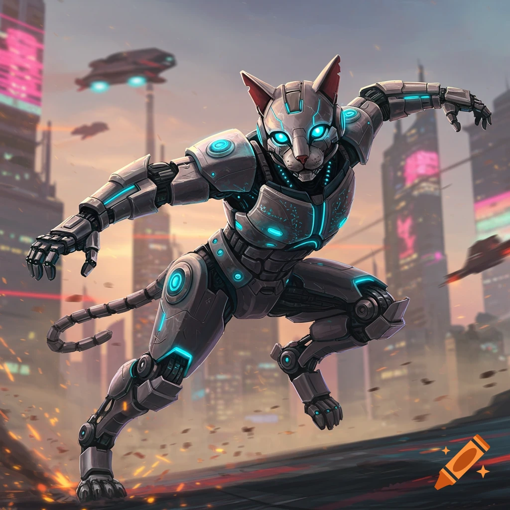 A robot cat superhero in a dynamic pose, leaping through a detailed cyberpunk city.