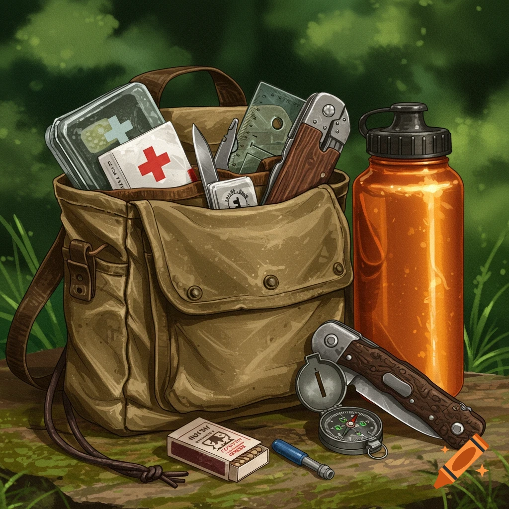 Illustration of a canvas bag with survival gear, including a first aid kit, knife, ruler, water bottle, matchbox, and compass on a log.