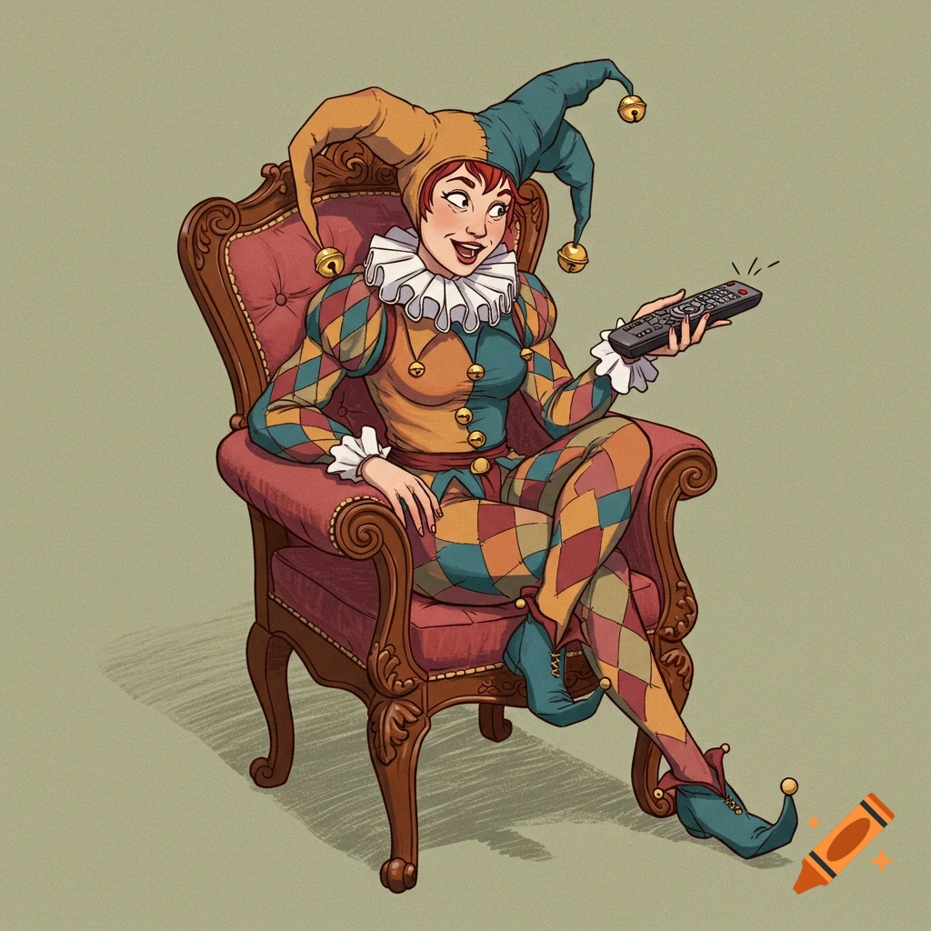 An illustration of a jester sitting in an armchair holding a TV remote.