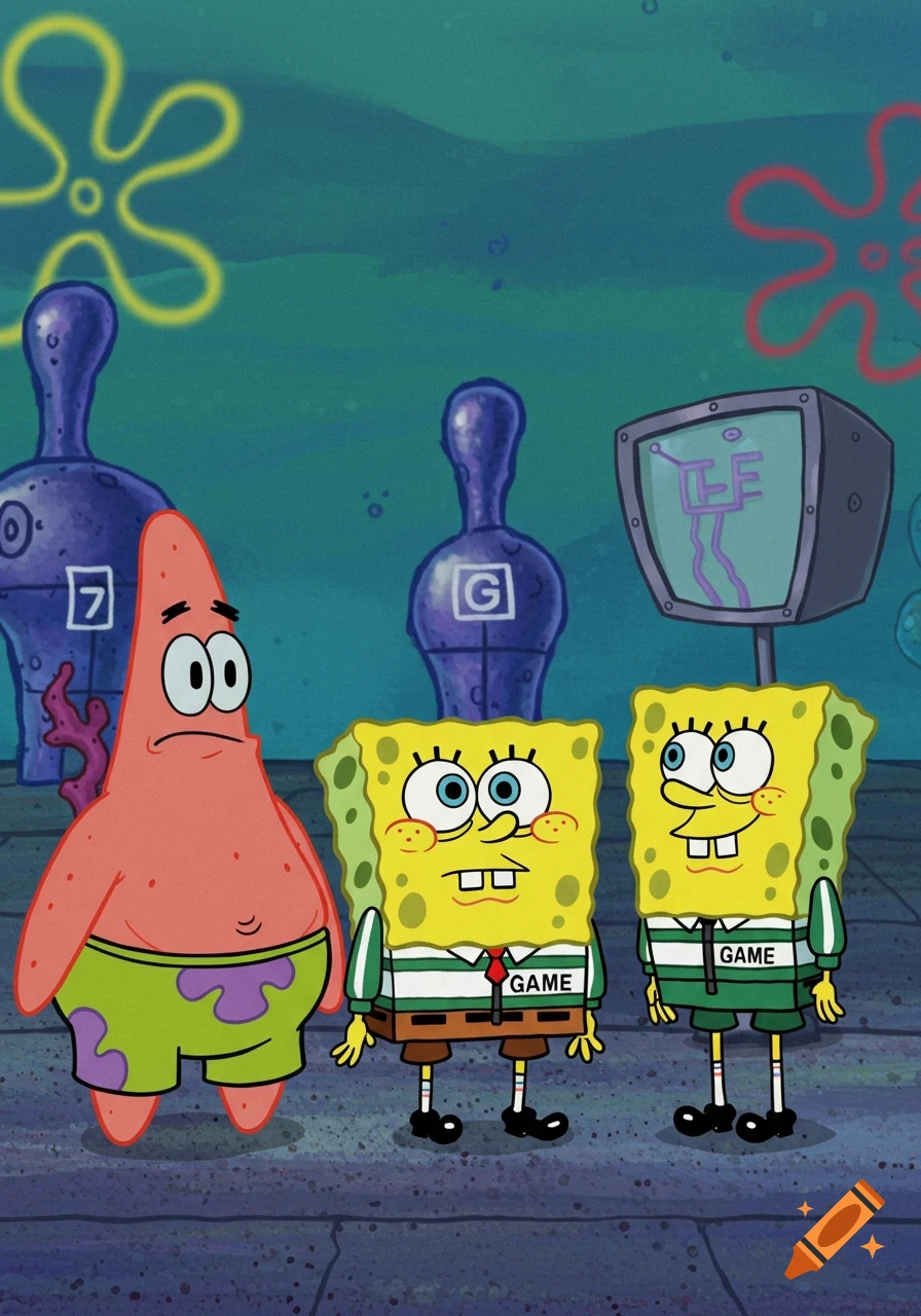 Patrick and two Spongebobs in Squid Game outfits stand underwater with bizarre objects and a monitor.