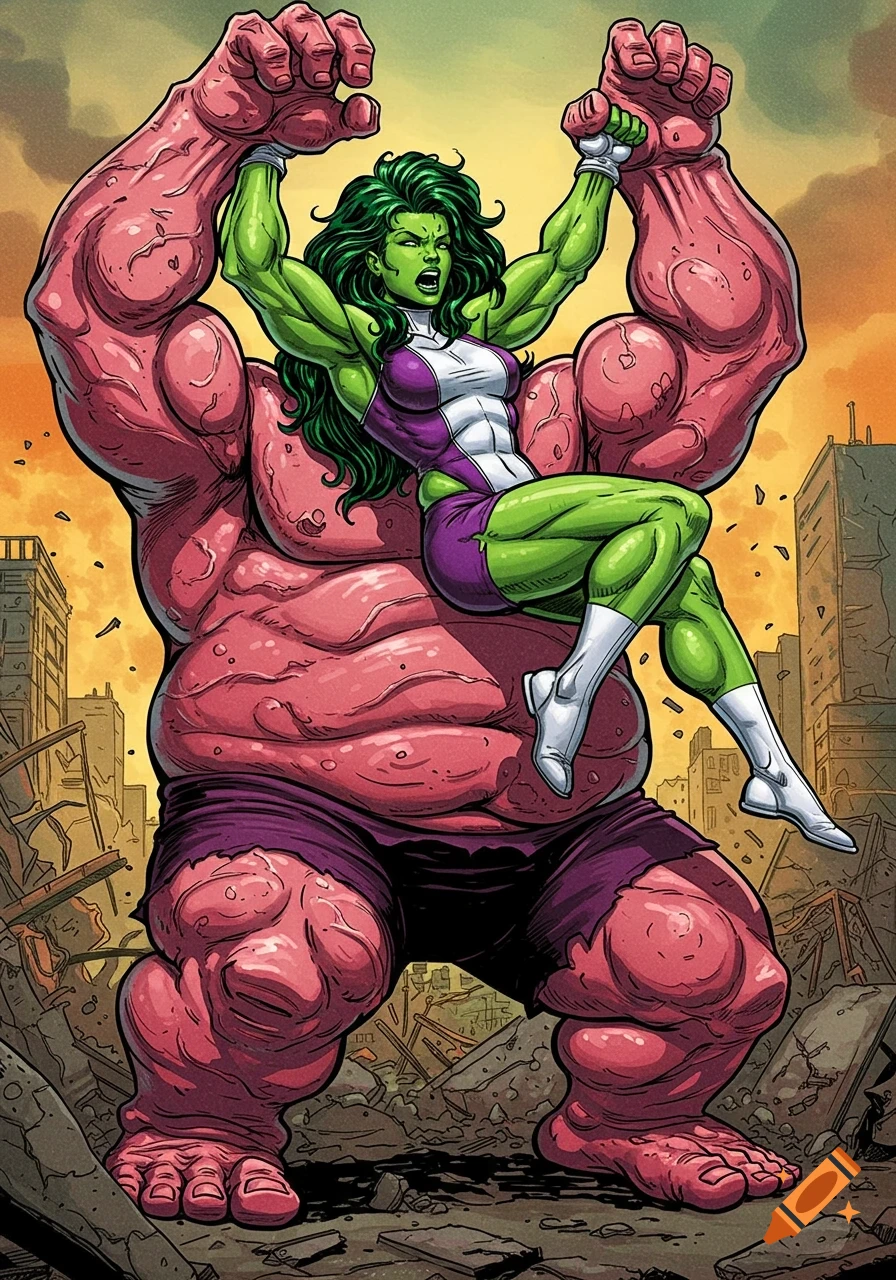 She-Hulk is lifted high by The Blob in a comic book art style amidst a destroyed city.