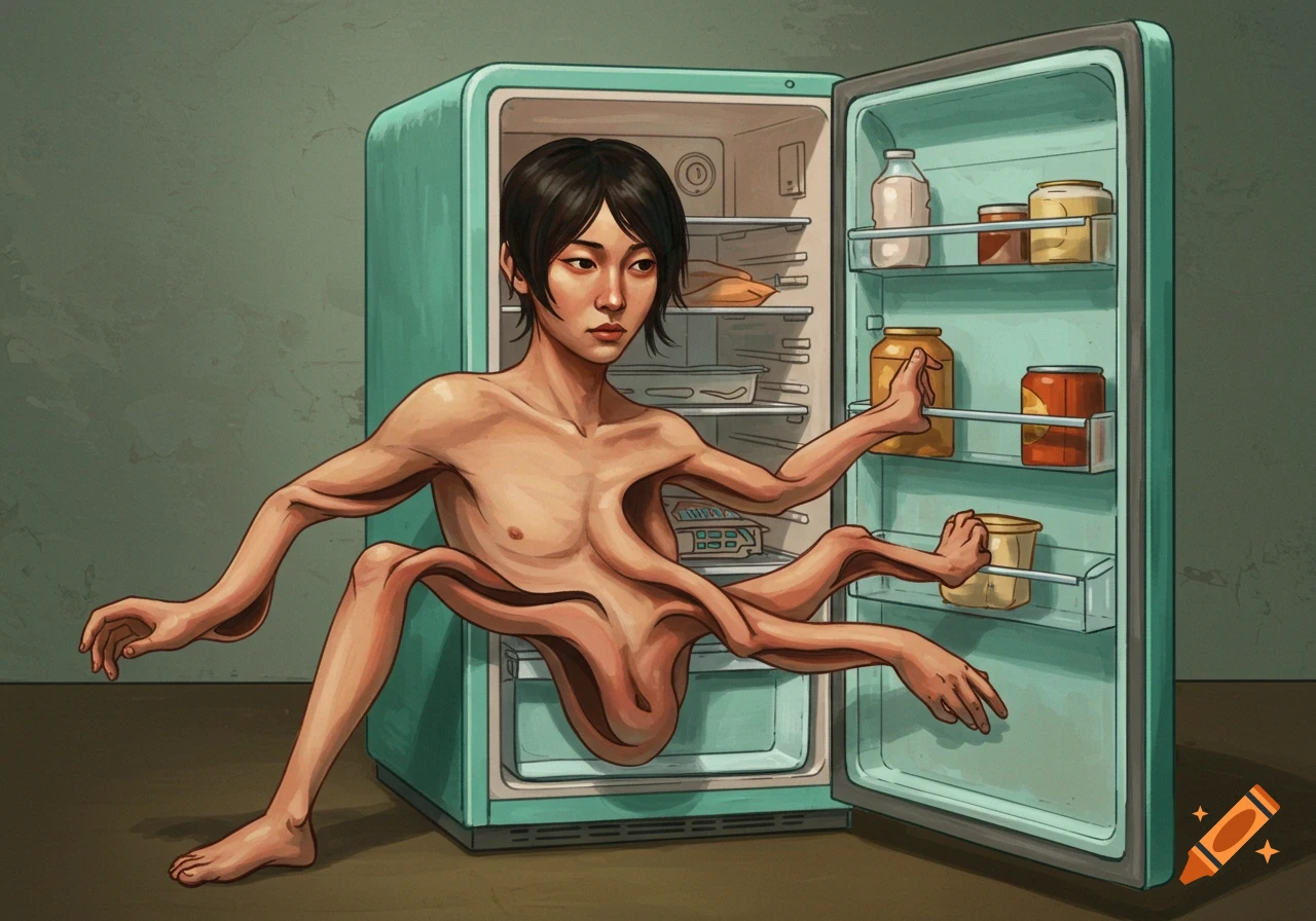A multi-limbed person emerges from an open refrigerator, illustration.