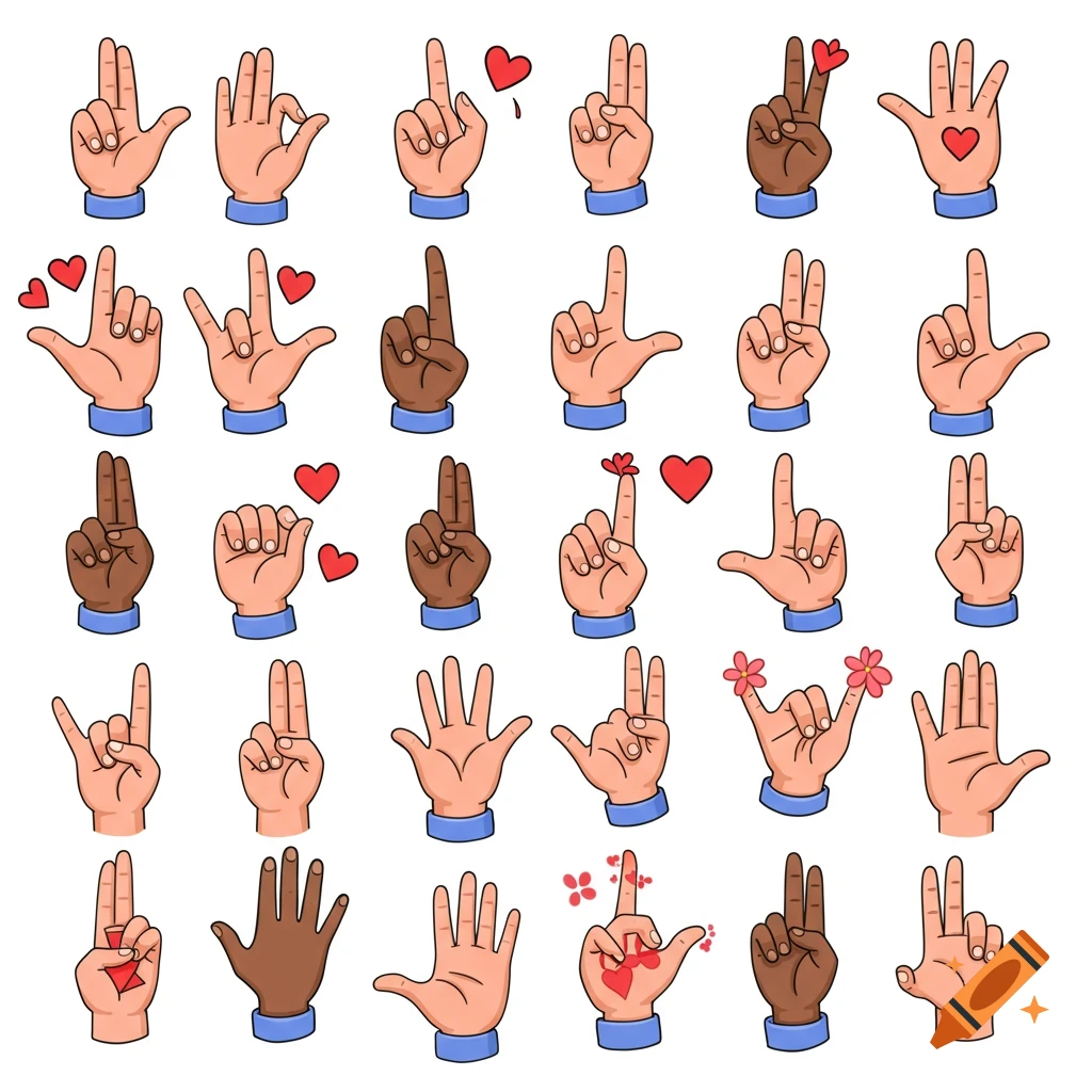 Multiple cartoon hands showing various gestures including hearts and flowers