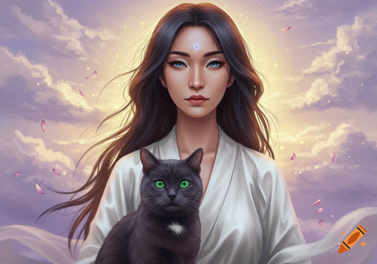Fantasy art of a woman with glowing blue eyes and forehead mark holding a black cat with green eyes against a sunset cloud background
