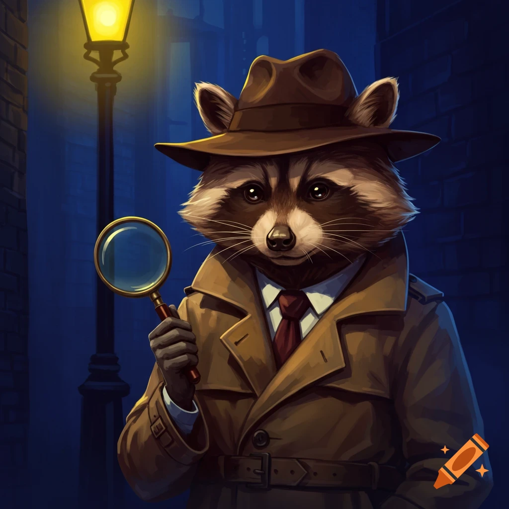 A raccoon dressed as a detective holds a magnifying glass under a streetlamp.