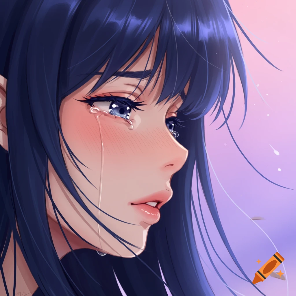 Close-up side profile of an anime girl with dark blue hair crying, with tears streaming down her face.