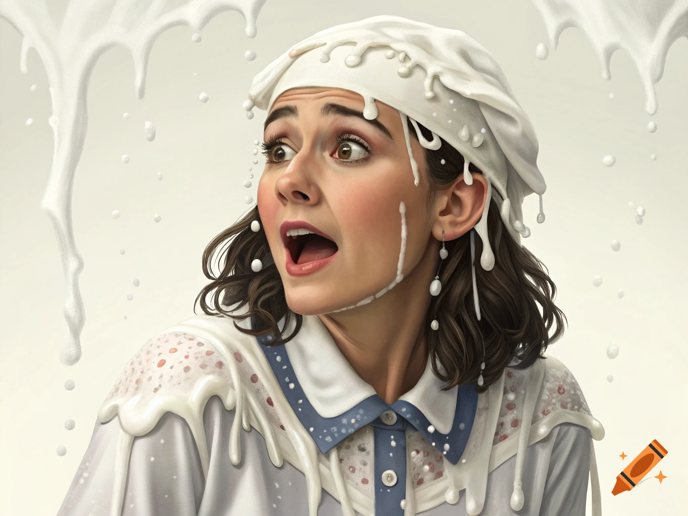 Illustration of a surprised woman covered in white liquid dripping from above.