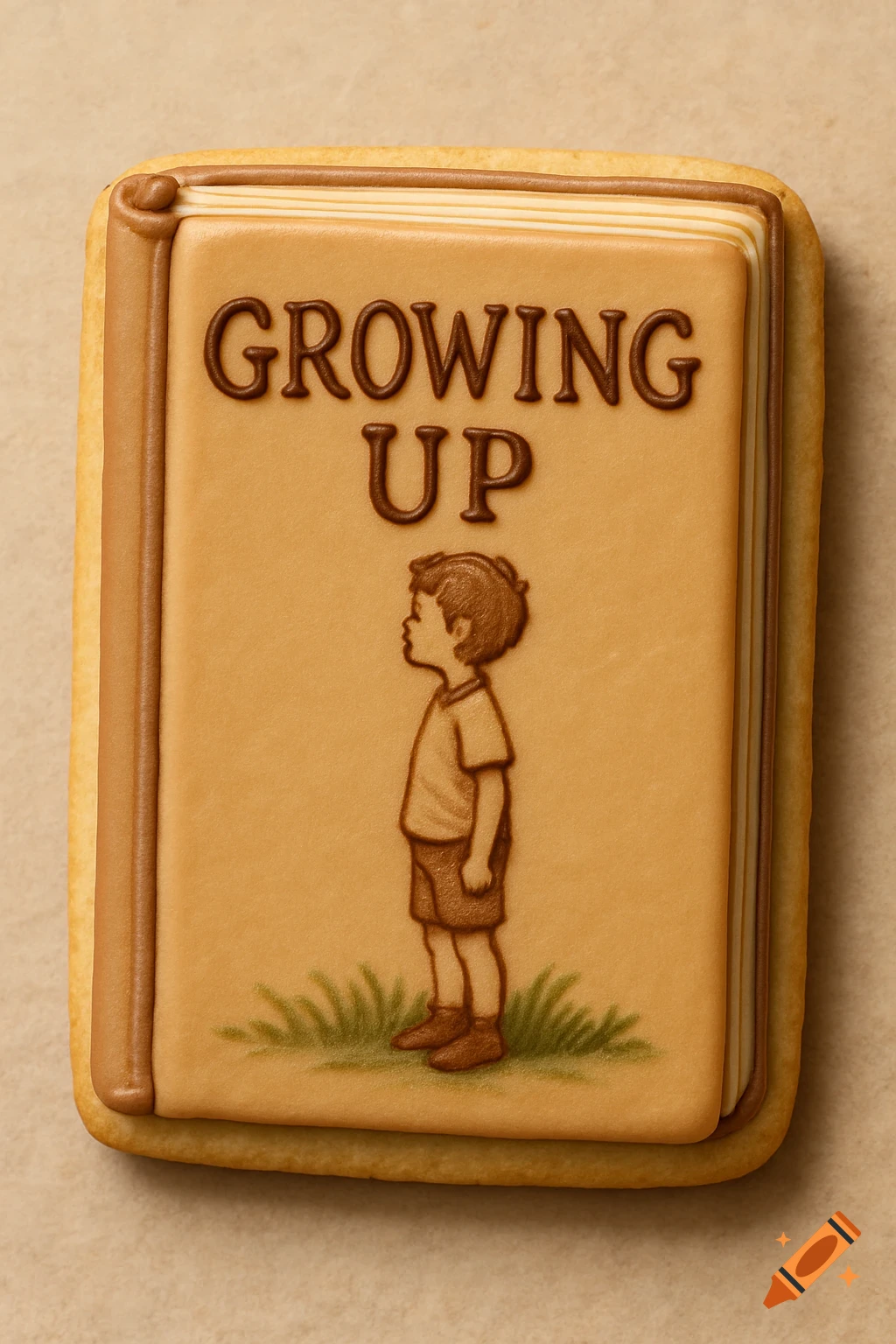 A cookie decorated like a book with the words 'GROWING UP' and a silhouette of a boy.