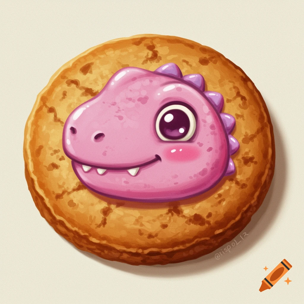 A round cookie with a pink cartoon dinosaur face on it.