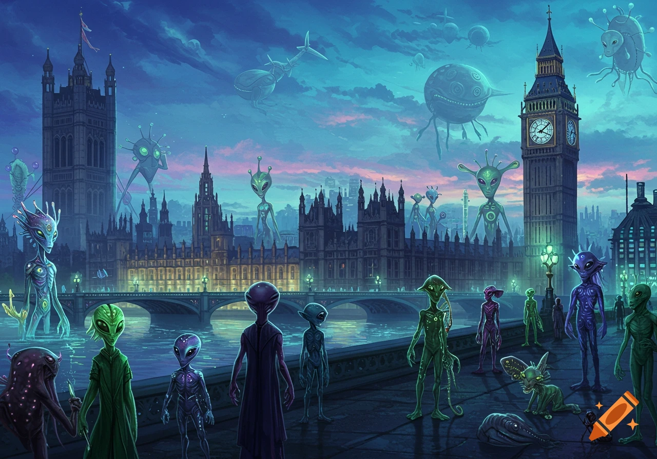 Illustration of various aliens standing in front of the Houses of Parliament and Big Ben in London at dusk.