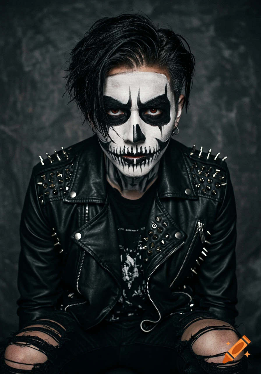 Portrait of a person with skeleton makeup, red eyes, and a studded black leather jacket.