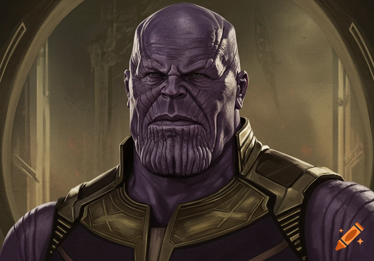 Portrait of Thanos wearing golden armor in a realistic illustration style.