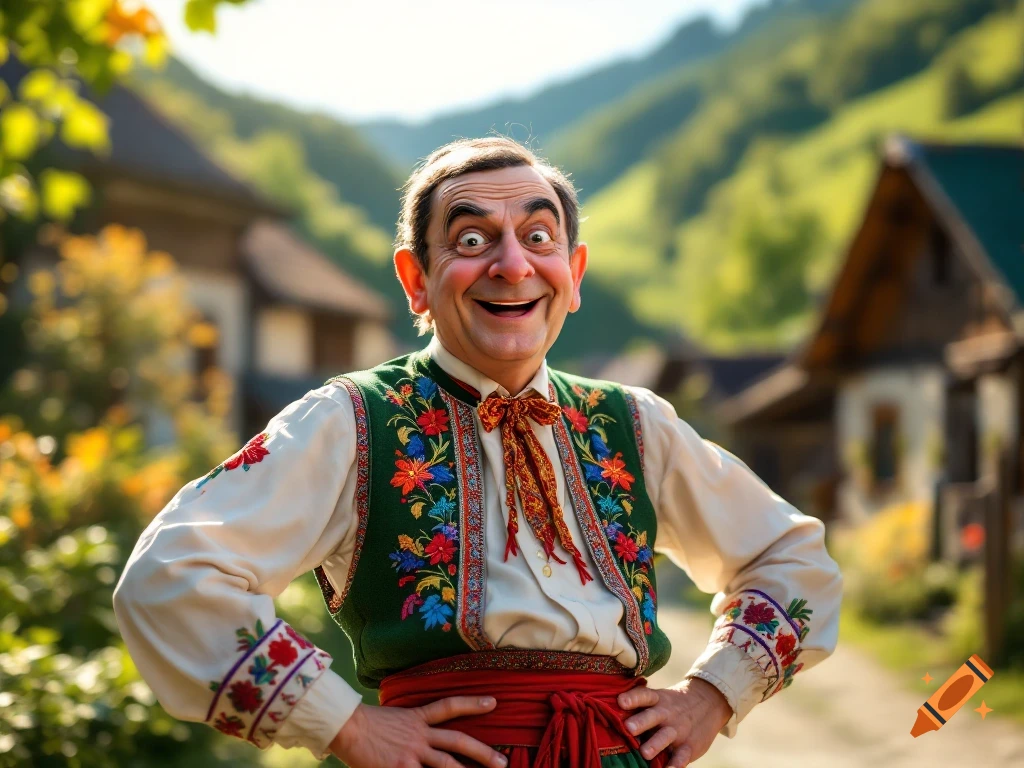 Man resembling Mr. Bean in Slovak folk costume smiling exaggeratedly in a village