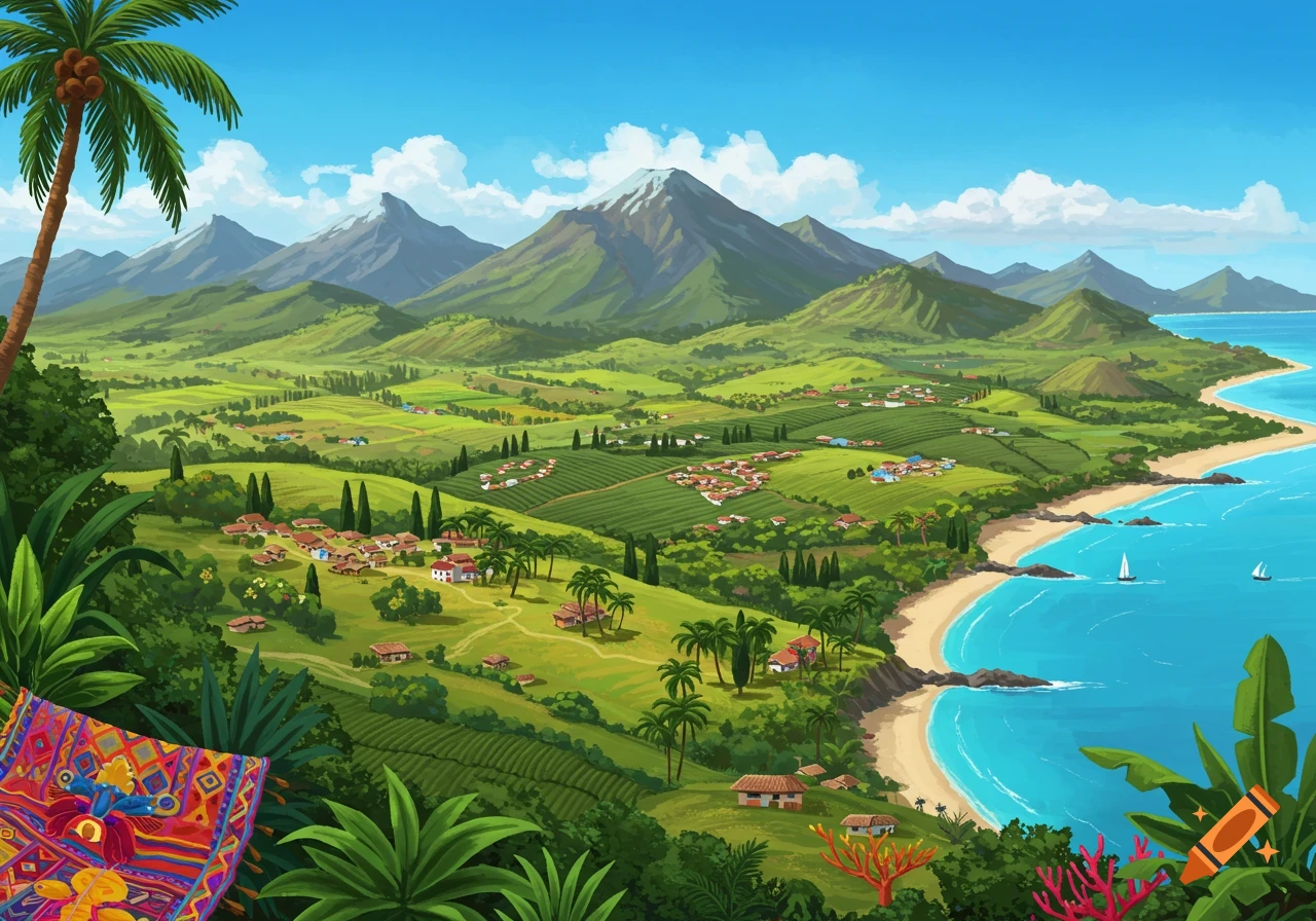 Illustrative view of a tropical valley with mountains, a village, farms, a beach, palm trees, and sailboats on the water.