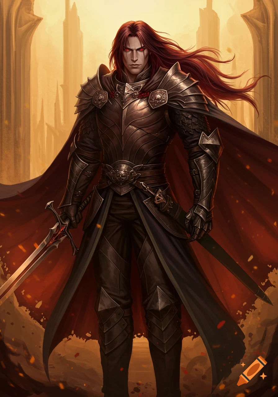 Fantasy character with long red hair and red eyes in dark armor stands with a sword.