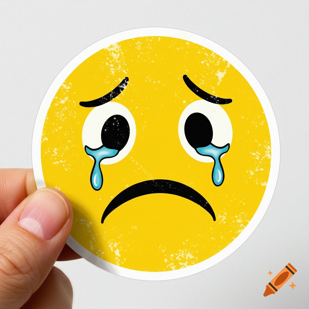 A hand holds a yellow circular sticker featuring a sad face emoji with tears.