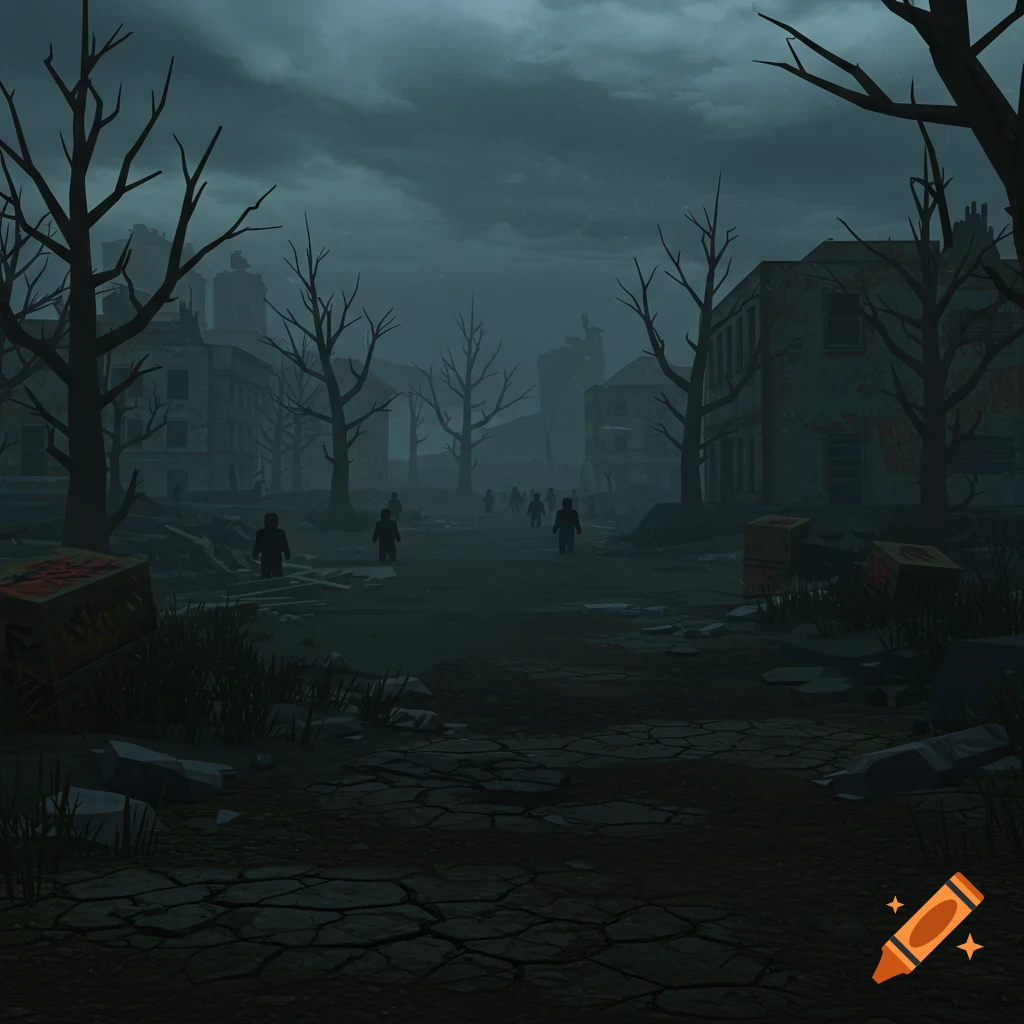 Dark, foggy street scene in a ruined city with shadowy figures walking, stylized game art.