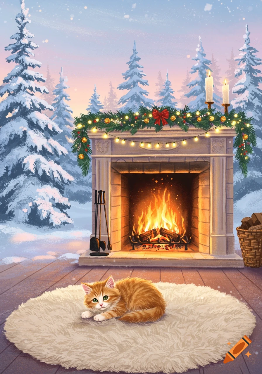 An orange kitten relaxes on a fluffy rug in front of a fireplace decorated for Christmas, with a snowy winter forest visible outside.
