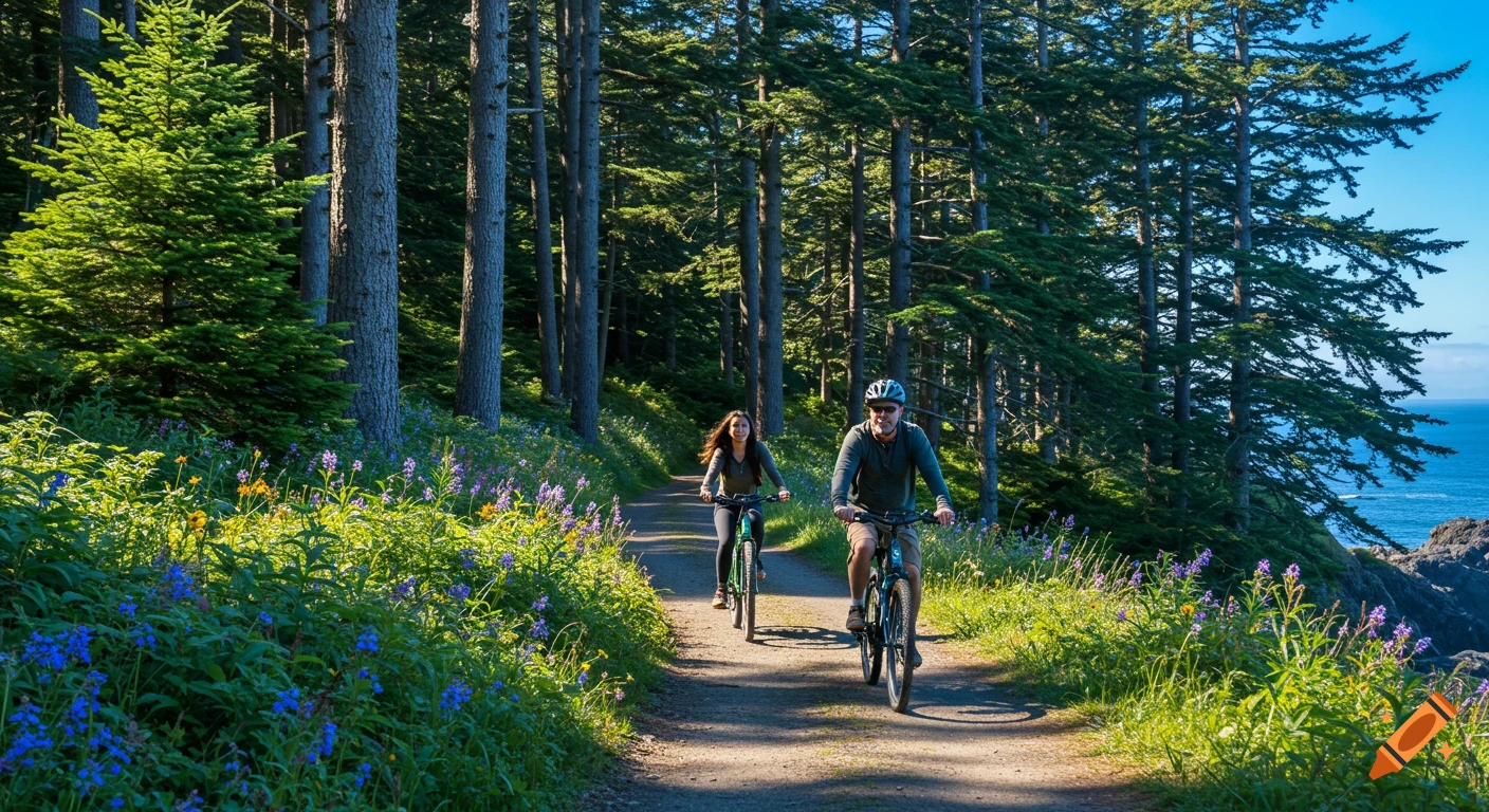 Two people ride e-bikes on a forest trail beside the ocean.