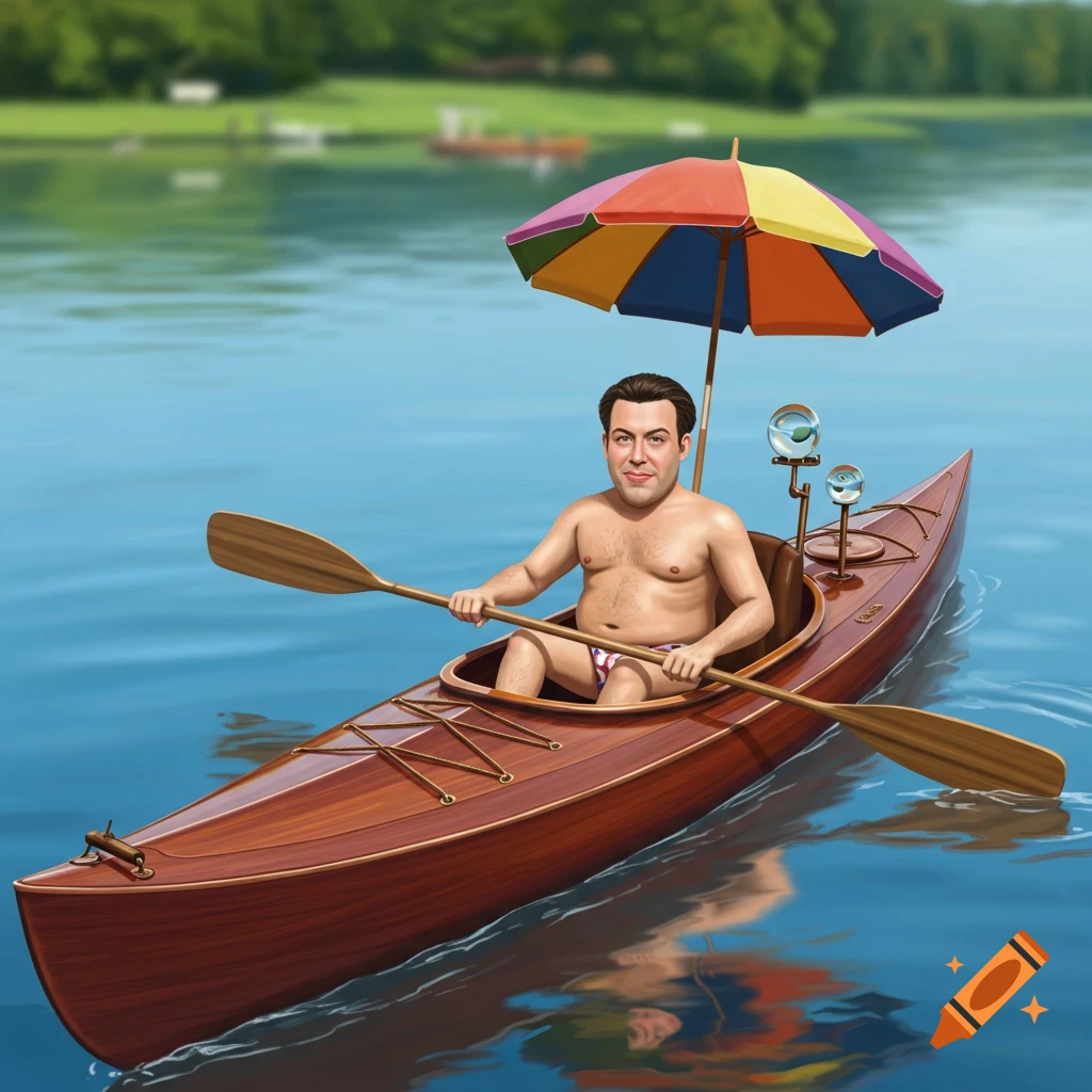 Man paddles wooden kayak on a lake under a colorful umbrella
