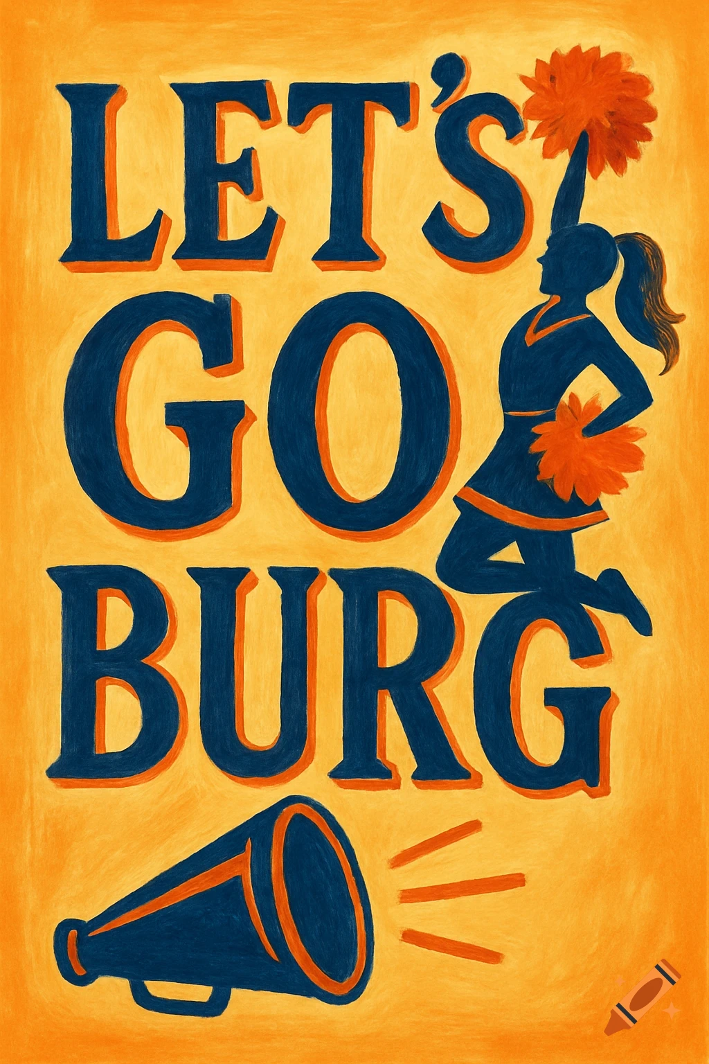 Textured poster illustration reading LET'S GO BURG with a cheerleader silhouette and megaphone
