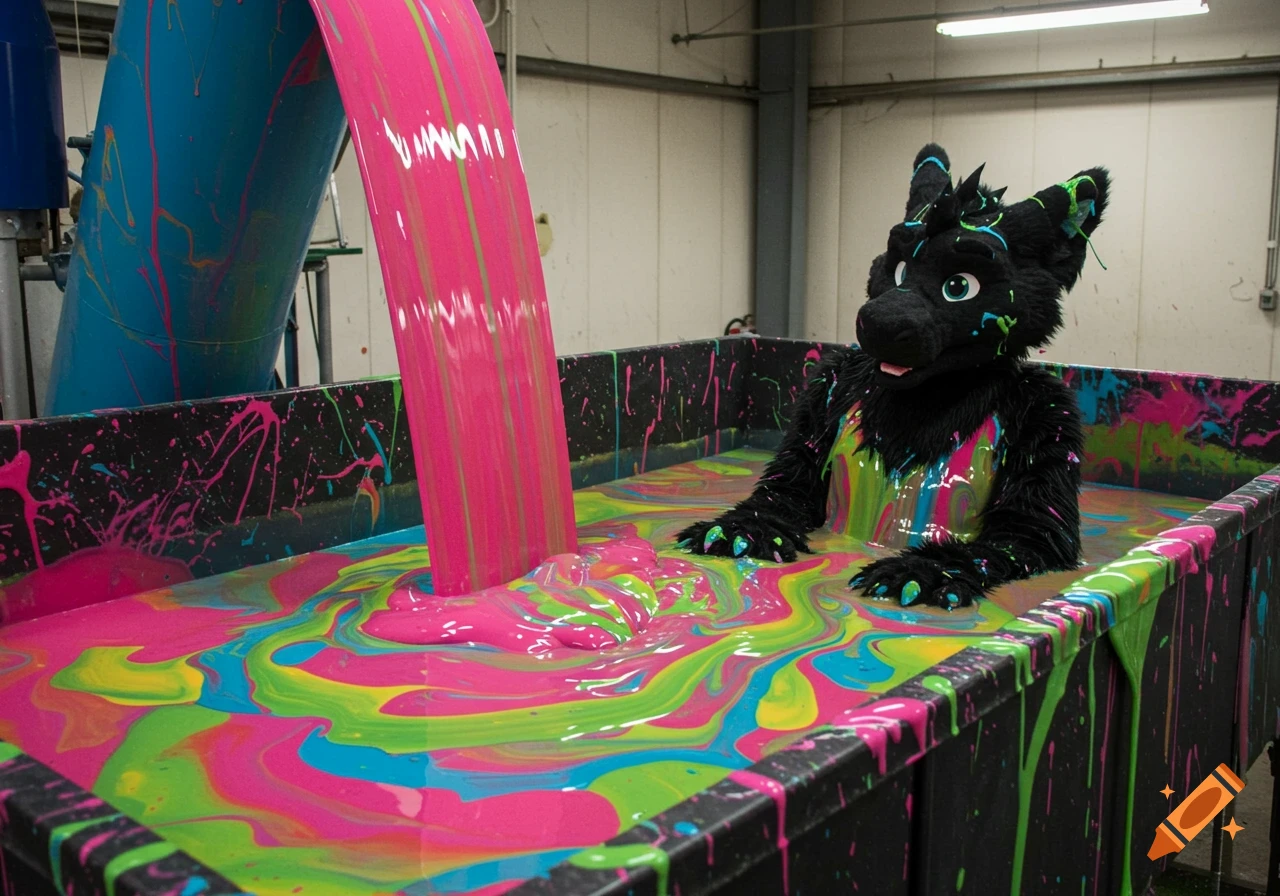 A black fursuit sits in a tub of colorful pink, green, blue, and yellow paint pouring from an overhead pipe.