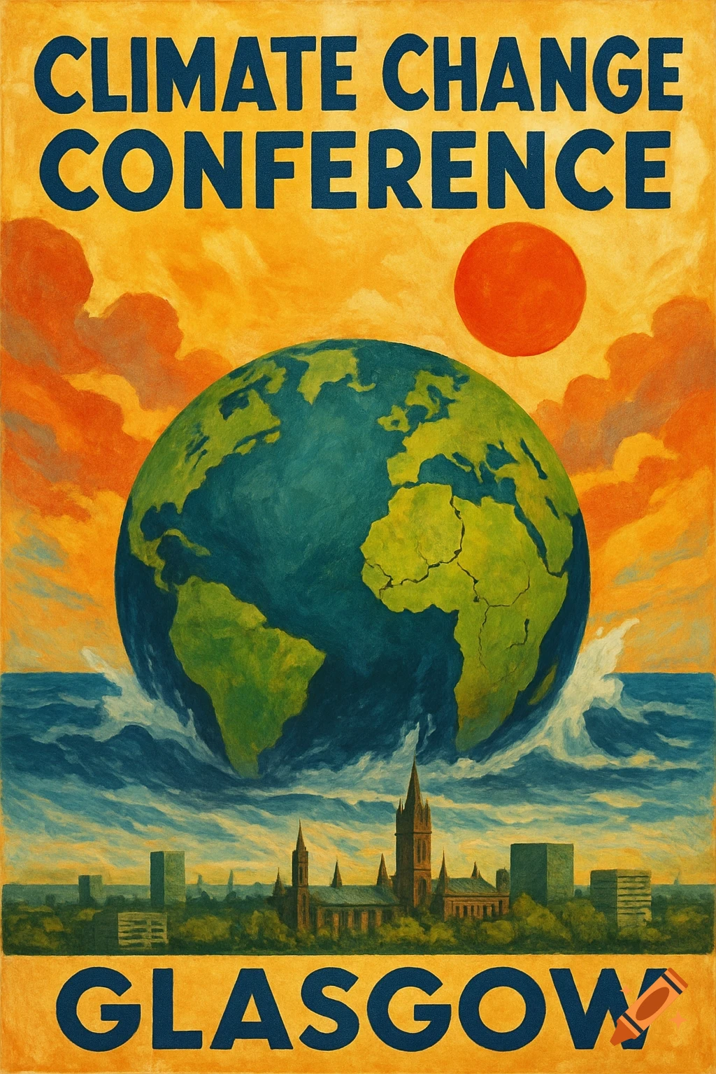 Climate Change Conference poster with earth, waves, city skyline, and sun