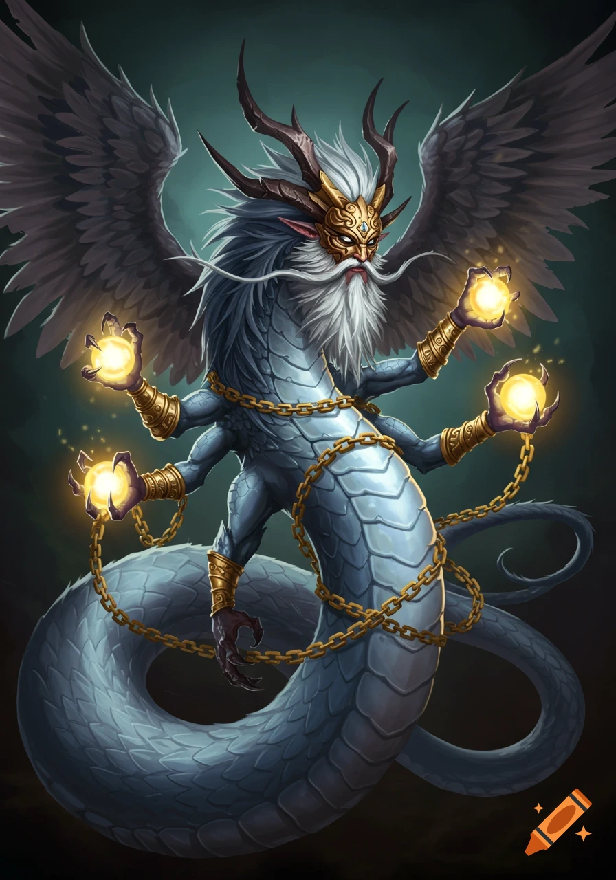 A fantasy illustration of a serpentine creature with wings, a mask, beard, four arms holding glowing orbs, and chains.