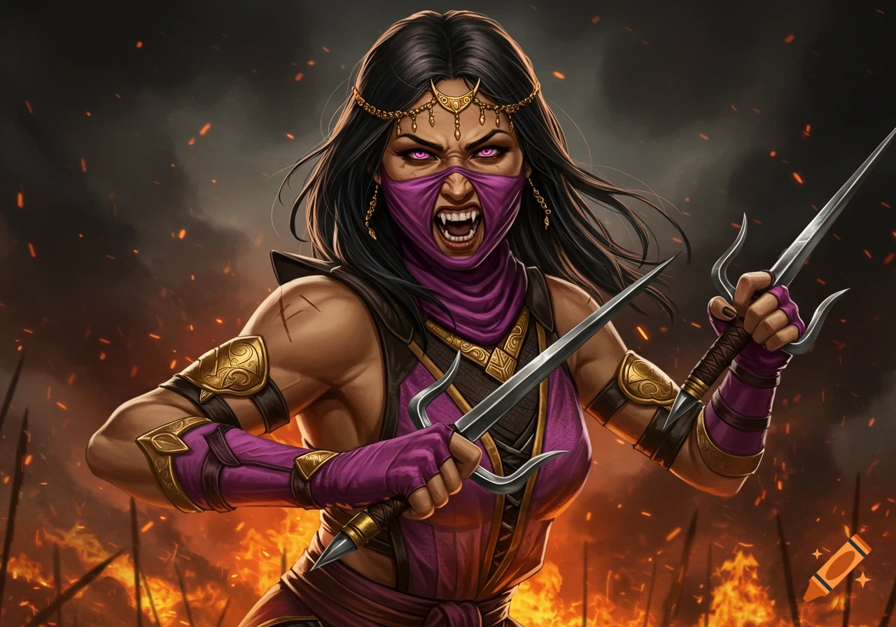 Mileena fanart, a female fighter in a purple mask and outfit holds two sai weapons in a fiery battleground.