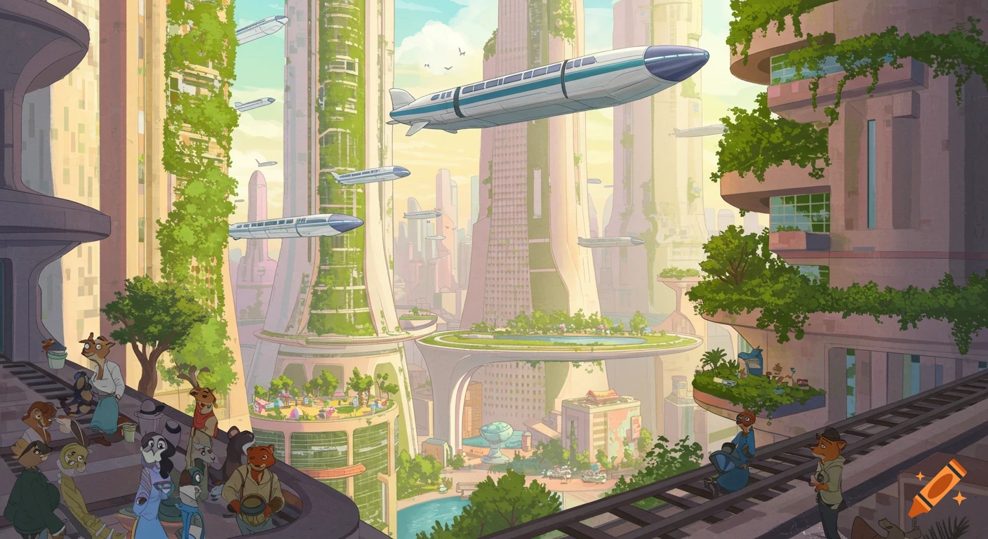 Vibrant futuristic city with tall green buildings, flying trains, and anthropomorphic animals in an animation style.