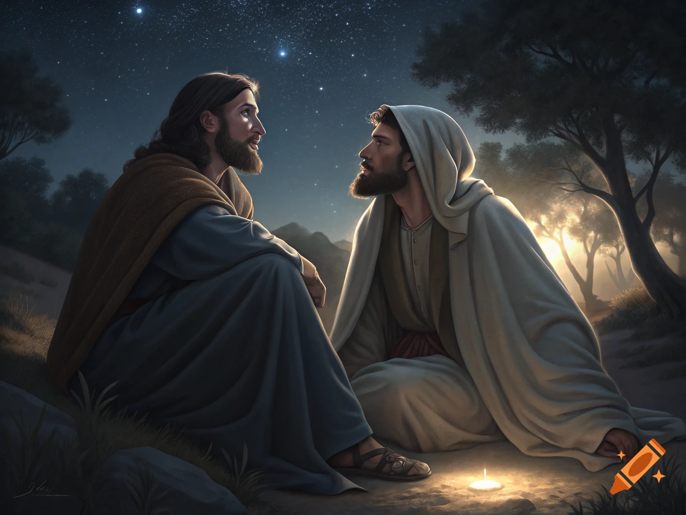 Two figures, representing Jesus and Nicodemus, sit and talk outdoors at night under a starry sky, illuminated by a small light. Painting style.